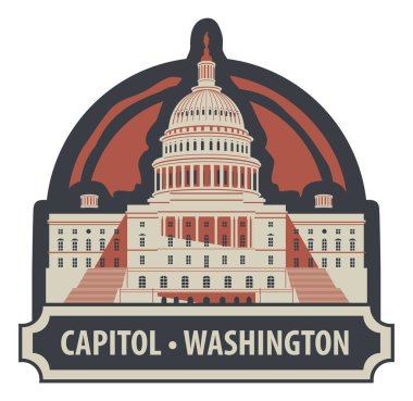 Washington DC 'deki ABD Kongre Binası' nın geçmişe dönük görüntüsü ve yazıtları içeren vektör pankartı veya amblemi
