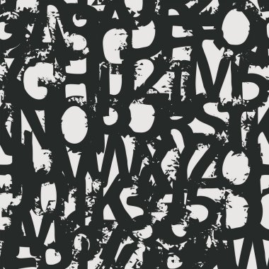 Alfabe harflerinin siyah-beyaz boya sıçramaları ve lekeleri ile kusursuz desen. Latince harflerle soyut vektör arkaplanı. Duvar kağıdı, ambalaj kağıdı veya kumaş için uygun