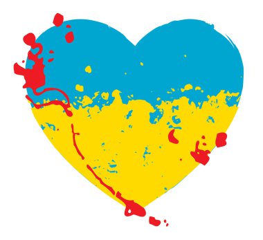 Damladan yapılmış kalp taşıyıcı işareti ve üzerinde sarı mavi Ukrayna bayrağı lekeli ve kan sıçramış. Aşkın ve huzurun işareti