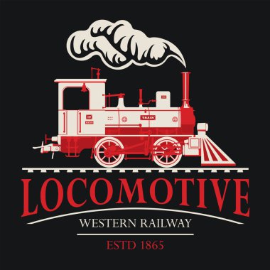 Demiryolu ekspres lokomotifli eski bir demiryolu lokomotifinin çizimiyle vektör retro logosu veya amblemi