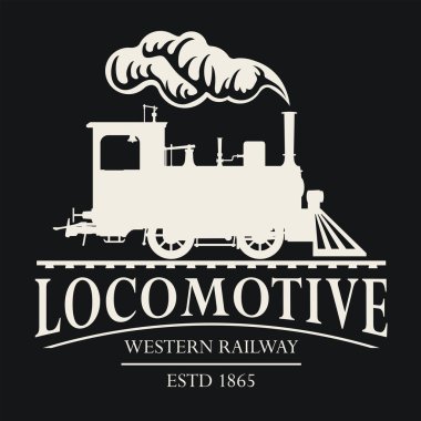 Eski bir demiryolu buharlı lokomotifinin çizim silueti olan vektör retro logosu veya amblemi.