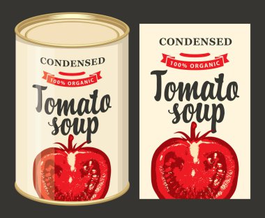 Yoğunlaştırılmış domates çorbası için vektör pankartı. Olgun yarı gerçekçi kırmızı domatesli bir etiket ve üzerinde bu etiket olan bir teneke kutu. Karantina sırasında konserve yiyecekler, uzun vadeli depolama ürünleri