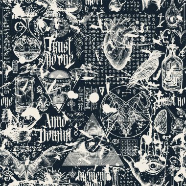 Okültizm, masonik ve büyücülük üzerine klasik el yapımı kusursuz desen. Soyut arkaplan. Latince cümleler tercüme edilir İsa 'nın doğuşundan ölümü düşünün.