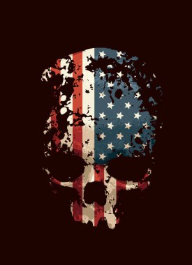 Amerika Birleşik Devletleri bayrağına sahip vektör insan kafatası, benekler ve sıçramalar. Giysiler, kumaş, duvar kağıdı, ambalaj kağıdı, Cadılar Bayramı partisi için tasarım ögesi