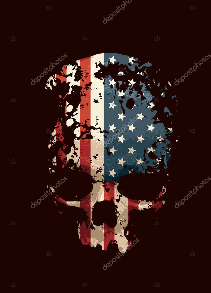 Vector human skull with united states of america flag, spots and splashes. Graphic print for clothes, fabric, wallpaper, wrapping paper, design element for halloween party