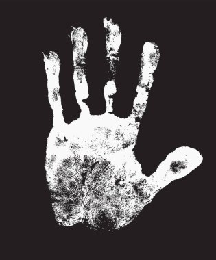 İnsan elinin siyah izi, deri dokusu deseni. Avuç içi ve parmaklar beyaz arka planda taranıyor, grunge vektör çizimi. Sanat, eğlence, çocuk, kimlik, eğitim için çocuk ya da yetişkin el izi