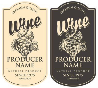 Şarap etiketlerini bir demet üzüm ve yazıtlarla retro tarzında ayarla. Siyah ve beyaz arkaplanda elle çizilmiş vektör etiketi