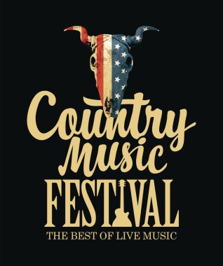 Amerikan bayraklı kafatası dolu country müzik festivali posteri. Broşür, cd disk kapağı, vinil plaklar için uygun vektör pankartı