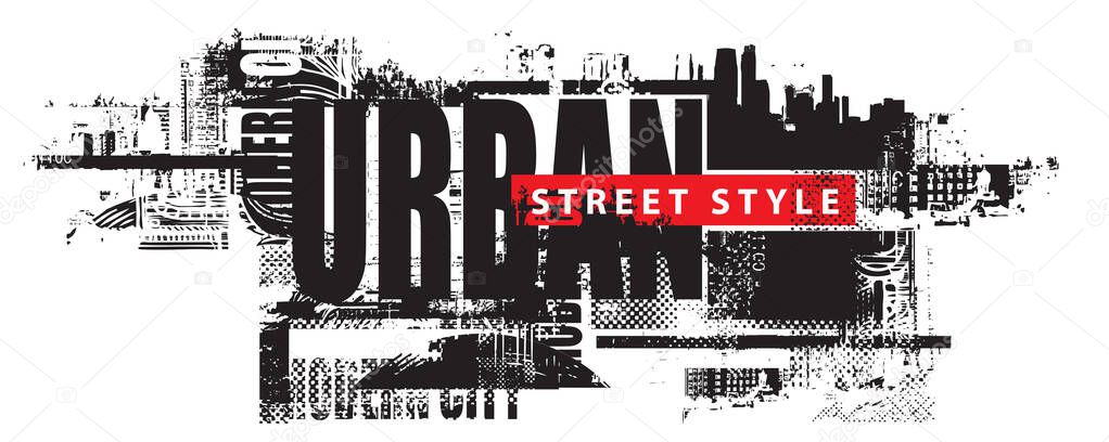 Vector phrase urban street art in grunge style on background of spots and geometric shapes from elements of big city architecture. suitable for logo, t-shirt design