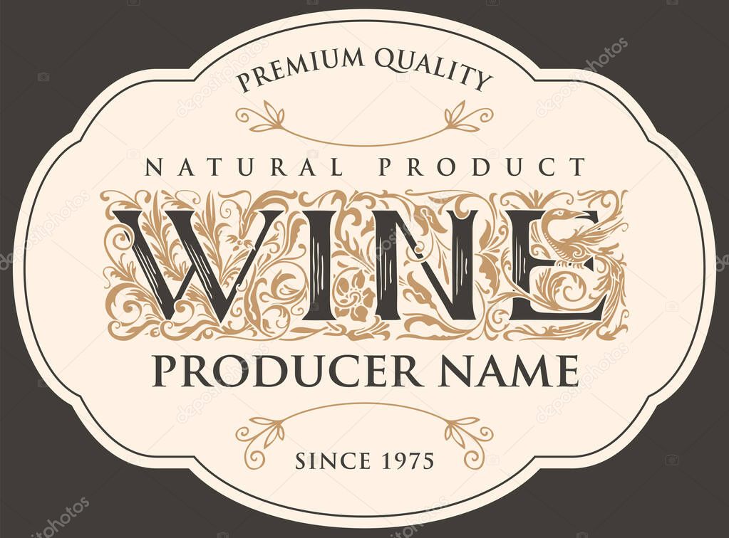 Vector banner or label for wine with hand-drawn ornate inscription in vintage style. Suitable for design element, logo, flyer, invitation, menu, wine list, emblem, sticker,