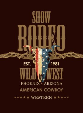 Cowboy Rodeo gösterisi için pankart. ABD bayraklı bir boğa kafatasına sahip vektör çizimi ve eski tarz harfler. Poster, etiket, broşür, davetiye, tişört tasarımı için uygun