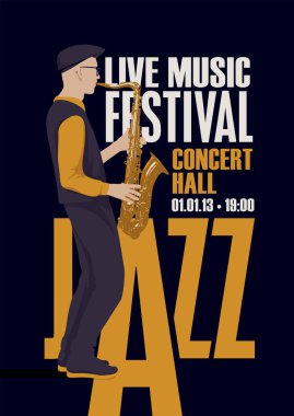 Caz canlı müzik festivali için saksafoncu ve retro tarzında saksafon çizen vektör poster. Müzik afişi, el ilanı, davetiye ve bilet