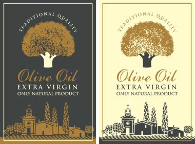 Ekstra zeytin ağacı, kaligrafik yazı ve İtalyan veya Yunan kırsal manzarası retro tarzında ekstra bakire zeytin yağı için vektör bayrağı veya etiket.