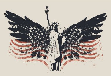 Amerikan bayrağı ya da logosu ve New York 'ta kuş kanatlı Özgürlük Anıtı. Vektör posteri, broşür, tişört tasarımı, tebrik kartı veya grunge biçiminde dizayn ögesi