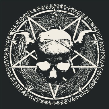 Boynuzlu kafatası, pentagram, okült ve cadılık işaretleri olan insanların vektör çizimi. Satanizmin sembolü Baphomet ve daire şeklinde yazılmış sihirli rünler..