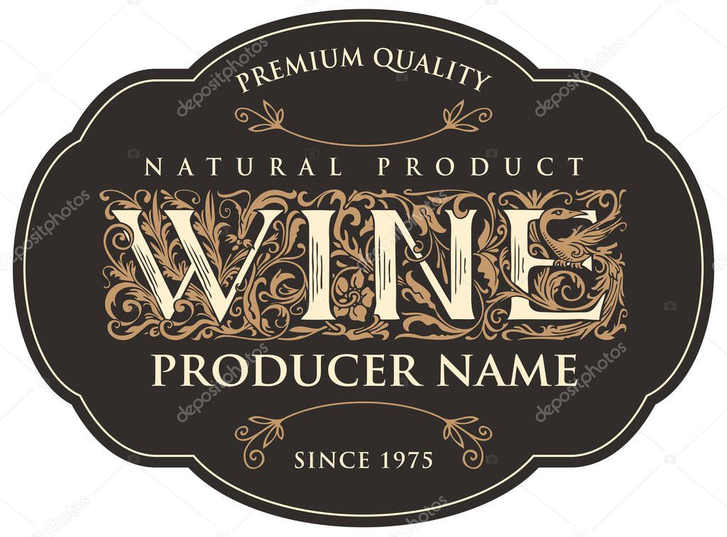 Vector banner or label for wine with hand-drawn ornate inscription in vintage style. Suitable for design element, logo, flyer, invitation, menu, wine list, emblem, sticker