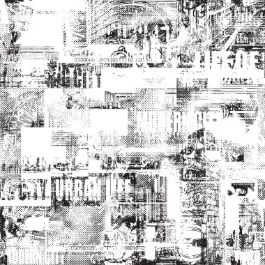 Abstract seamless pattern with newspaper headlines, concerned human eyes, urban landscapes. Chaotic vector background on the theme of city life in retro style. Wallpaper, wrapping paper, fabric design