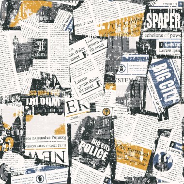 Gazete ya da dergi küpürlerinden oluşan kolajlı kusursuz desen. Başlıkları, illüstrasyonları ve metin taklidiyle retro grunge tarzında vektör arkaplanı. Duvar kağıdı ve ambalaj kağıdı için uygun