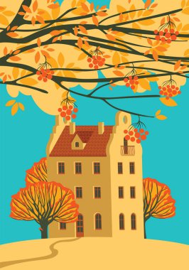 Sarı üç katlı bir ev, düşen ağaçlar, Rowan dalları ve mavi gökyüzünde bulutlar olan çocuksu sonbahar manzarası. Çizgi film tarzında dekoratif vektör çizimi