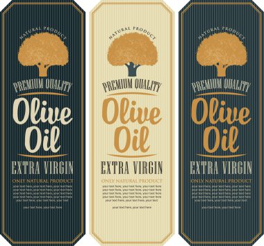 Zeytin ya da zeytin ağacı desenli zeytin yağı için vektör etiketleri. Logo, etiket, pankart tasarlamak için uygun
