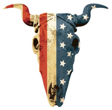 Amerikan bayrağı taşıyan, kafatası boğalı bir arma. Vektör illüstrasyon, logo veya sembol. poster, kart, davet tasarımı