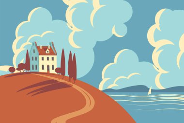 Kasaba eviyle sonbahar manzarası, tepedeki sarı ağaçlar, deniz, dağlar ve parlak mavi gökyüzündeki bulutlar. Çizgi filmlerdeki çocukların sonbahar çizimleri. Düz biçimli dekoratif vektör pankartı