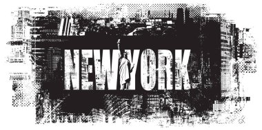 Arka planda siluet gökdelenleri ve New York yazıtlarının olduğu ünlü Amerikan Özgürlük Heykeli 'nin olduğu vektör bayrağı veya kartı. ABD simgesinin grunge tarzında dekoratif çizimi