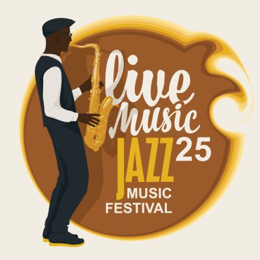 Caz canlı müzik festivali için retro tarzında saksafoncu çizimli vektör posteri ya da cover CD 'si ya da vinil disk. Müzik afişi, el ilanı, davetiye ve bilet