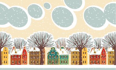 Yatay ve pürüzsüz desen. Tekrarlanabilir kış manzarası şirin renkli evler, gökyüzünde sarı bulutlar ve karla kaplı bir caddede karlı ağaçlar. Çizgi film tarzında dekoratif vektör çizimi