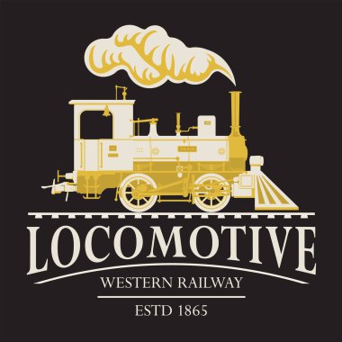 Eski bir demiryolu buharlı lokomotifinin çizim silueti olan vektör retro logosu ya da amblemi.
