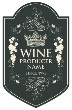 Elle çizilmiş üzüm, taç ve eski tarz kaligrafik yazıtlara sahip Vintage Vector şarap etiketleri