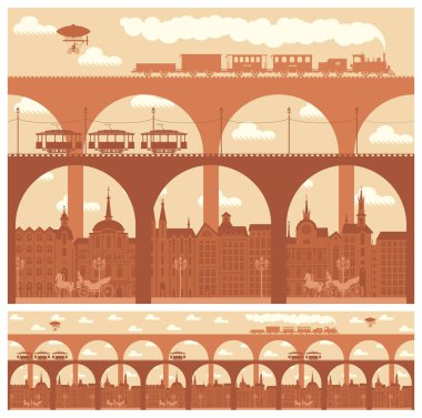 Köprüleri ve vintage taşımacılığı olan eski bir kasaba ya da şehir, eski usul buharlı lokomotifi ve tramvayı olan vektörsüz yatay desen