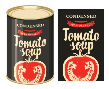 Vector banner for condensed tomato soup. Illustration of a label with a ripe half realistic red tomato and a tin can with this label. Canned food during quarantine, long-term storage product clipart