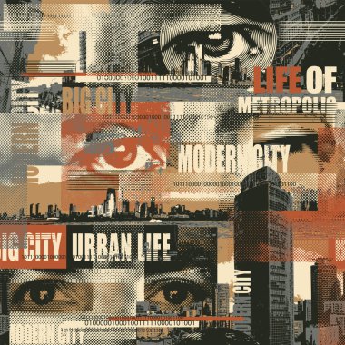 Abstract seamless pattern with newspaper headlines, concerned human eyes, urban landscapes. Chaotic vector background on the theme of city life in retro style. Wallpaper, wrapping paper, fabric design