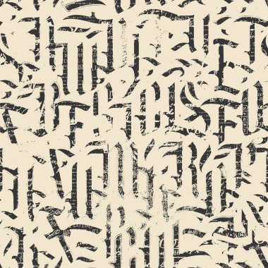 El yazısı lorem ipsum 'un arka planına karşılık kusursuz Gotik harfler. Nokta ve sıçrama. Tek renkli desen eski Latince harflerle, tırmalanmış, kirli arkaplan