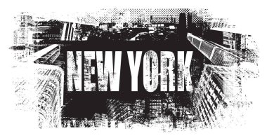 Arka plan geometrik şekilleri üzerine grunge kentsel sokak sanatı tarzında vektör inskripsiyon New York gökdelenleri görünümlü büyük şehir mimarisi ve şehir manzarası elementlerinden. Logo ve tişört için uygun