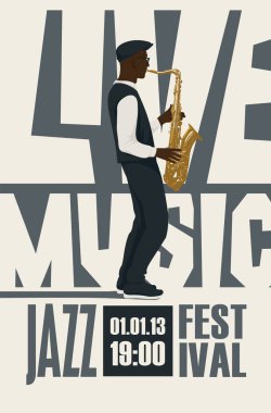 Caz canlı müzik festivali için saksafoncu ve retro tarzında saksafon çizen vektör poster. Müzik afişi, el ilanı, davetiye ve bilet