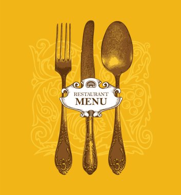 Restoran veya kafe için gerçek çatal, kaşık ve bıçakla ilk harf, kıvrım ve çiçek süsü içeren yiyecek ve içecek menüsü