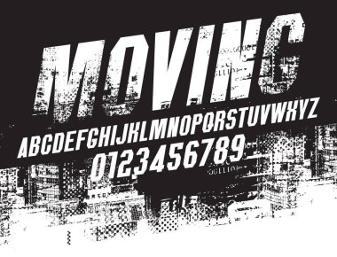 Heavy chopped simple italic font on the theme of urbanism, movement, speed with elements of modern architecture of a big city. Set of letters and numbers of the Latin alphabet. clipart