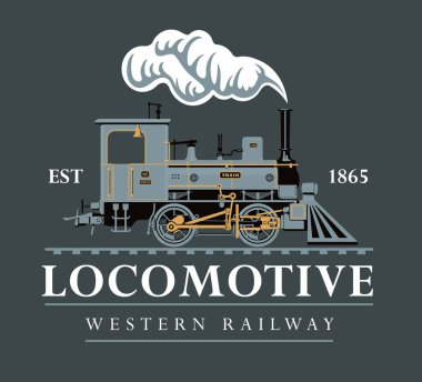 Eski bir demiryolu buharlı lokomotifinin çizim silueti olan vektör retro logosu ya da amblemi.