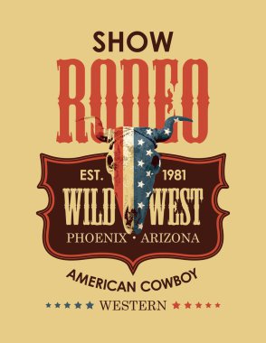 Cowboy Rodeo gösterisi için pankart. ABD bayraklı bir boğa kafatasına sahip vektör çizimi ve eski tarz harfler. Poster, etiket, broşür, davetiye, tişört tasarımı için uygun