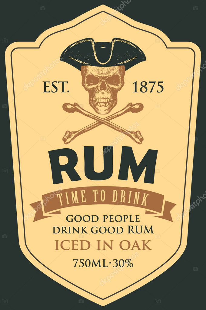 Vector label with the Captain Rum. Hand-drawn human skull in a pirate hat and crossbones on a light background with in retro style.