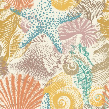 Elle çizilmiş deniz hayvanları, balıklar, denizatları ve çeşitli şekillerde deniz kabukları ile kusursuz desenler. Retro biçiminde vektör renkleri gösterimi tekrarlanıyor. Duvar kağıdı, ambalaj kağıdı ve tekstil için uygun.