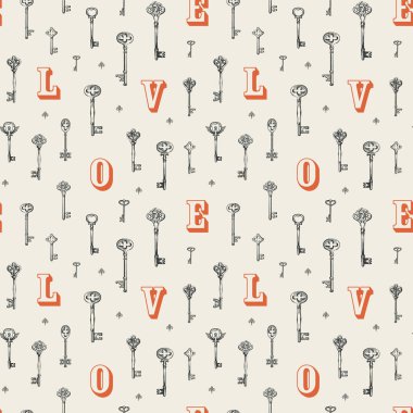 Eski anahtarlar ve eski tarzda ilk harflerle aşk temasında vektör pürüzsüz desen. Elle çizilmiş resimlerle soyut bir arkaplan. Duvar kağıdı, ambalaj kağıdı, kumaş için uygun..