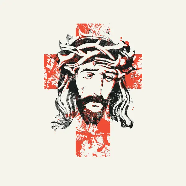 Hristiyan ya da katolik haçı, çarmıha gerilmiş İsa Mesih 'in üzerine kan sıçramış. Çarmıhta İsa 'nın yüzü. Vektör illüstrasyonu, dini sembol, simge, logo, baskı, dövme, tasarım ögesi