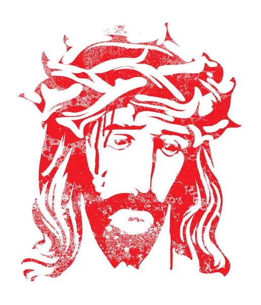 Paskalya bayrağı ya da üzerinde ağlayan İsa 'nın portresi olan ve dikenli taç giymiş bir tebrik kartı. Tanrının Oğlu ile dini tema üzerine vektör illüstrasyon