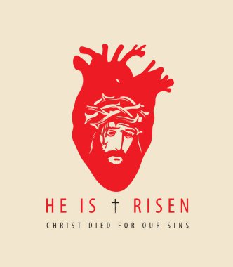 Pankart ya da kırmızı kalp arka planında dikenli taç takan ağlayan İsa 'nın portresi. Tanrı 'nın Oğlu ile dini tema üzerine vektör illüstrasyonu.