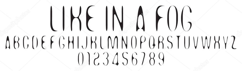 A set of simple rounded distorted font with letters of different thicknesses with the words like in a fog. A set of letters and numbers of the Latin alphabet