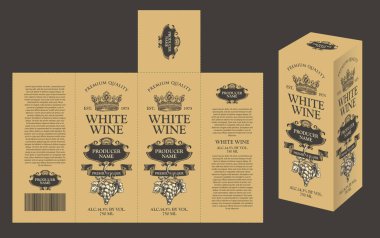 Beyaz şarap için karton paketleme kutusunun vektör modelleme şablonu elle çizilmiş üzümler, taçlar ve eski tarz kaligrafik yazıtlar
