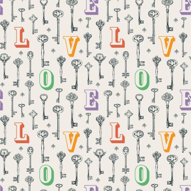 Eski anahtarlar ve eski tarzda ilk harflerle aşk temasında vektör pürüzsüz desen. Elle çizilmiş resimlerle soyut bir arkaplan. Duvar kağıdı, ambalaj kağıdı, kumaş için uygun.